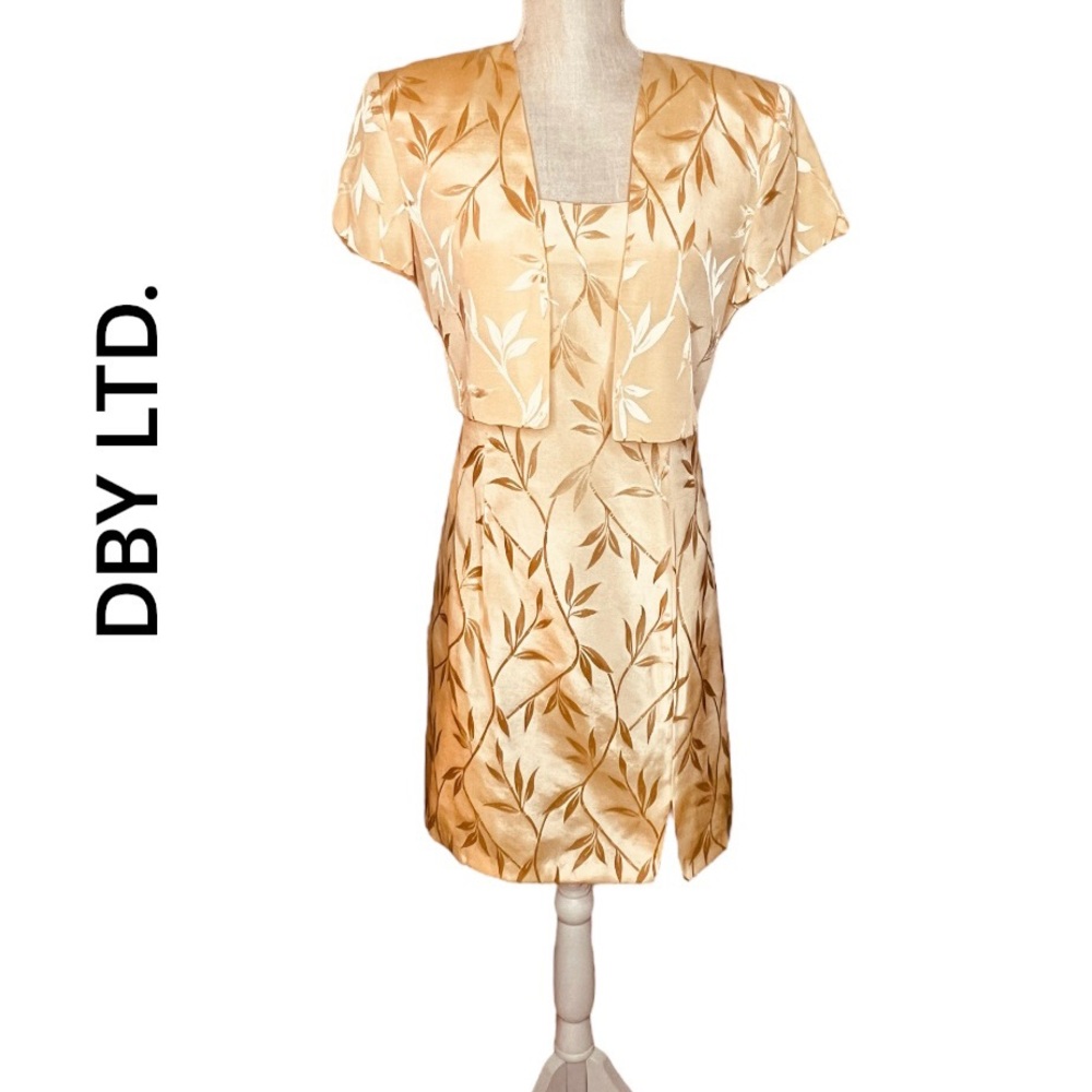 DBY Ltd Vintage 80’s Yellow Leaf Print 2 Piece Dress Jacket Suit Set Size 5
